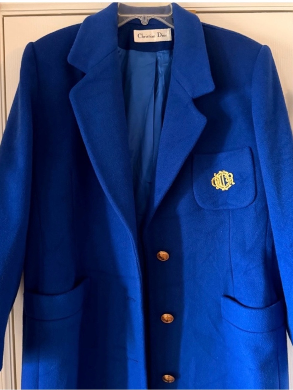 Christian Dior Boutique Royal Blue Wool Coat Gold Crest VTG Size 14 - Picture 4 of 16